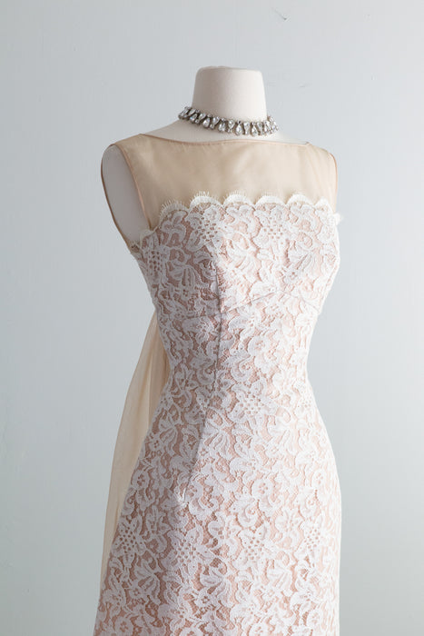 Glamorous 1950's Ivory Lace Wiggle Dress With Illusion Neckline and Train / Waist 27