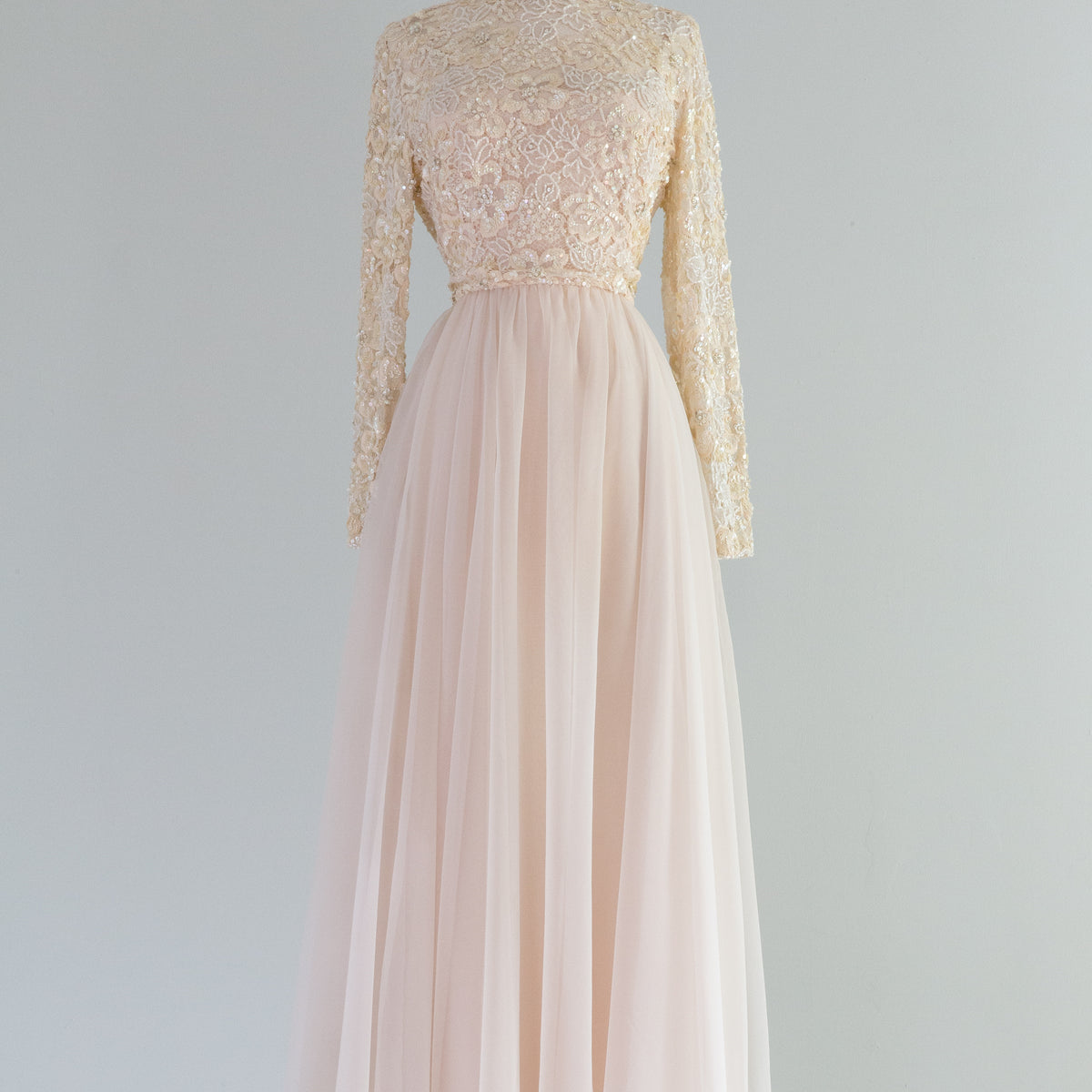 Beaded Neckline and Waist, printed chiffon gown
