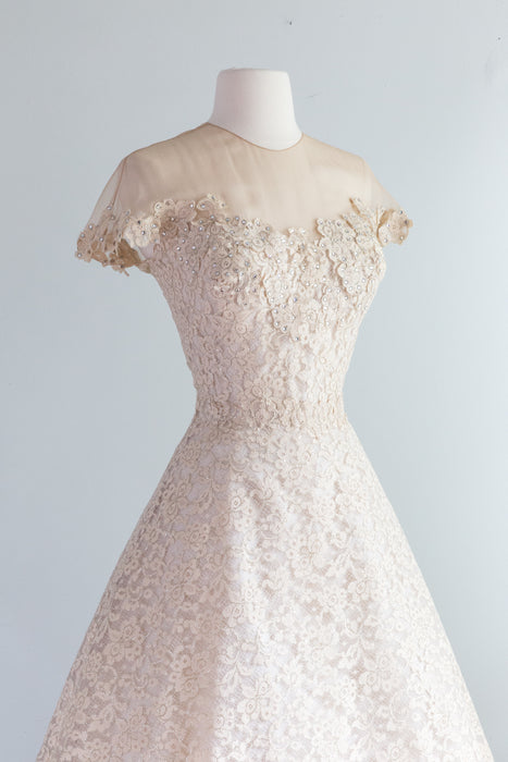Vintage 1950's Peggy Hunt Lace Party Dress With Nude Illusion Neckline / Waist 26