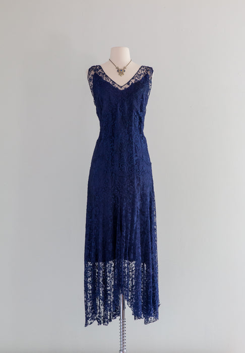 Rare Late 1920's Sapphire Blue Lace Flapper Dress From McAvoy Chicago / Medium