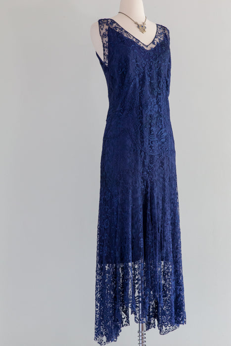 Rare Late 1920's Sapphire Blue Lace Flapper Dress From McAvoy Chicago / Medium