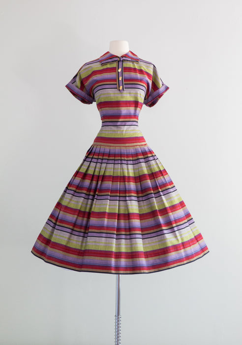 Vintage 1950's Movie Night Rainbow Striped Dress With Popcorn Buttons / Medium