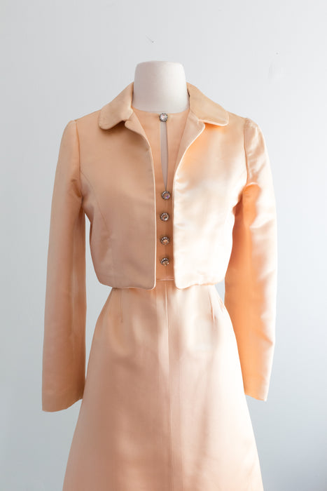 Chic 1960's Apricot Silk Dress & Jacket Set By Shannon Rodgers / Medium
