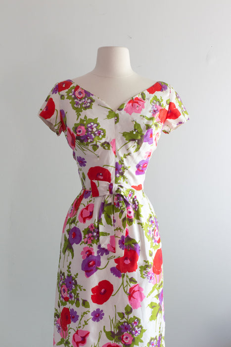 Stunning Early 1960's Silk Poppy Print Cocktail Dress / Waist 25"