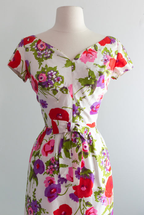Stunning Early 1960's Silk Poppy Print Cocktail Dress / Waist 25"