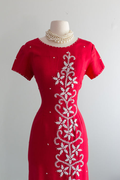 Sexy 1950's Cherry Red Beaded Linen Wiggle Dress / Medium
