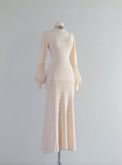 1970's Ivory Knit Wedding Dress With Crochet Trim and Bishop Sleeves / ML