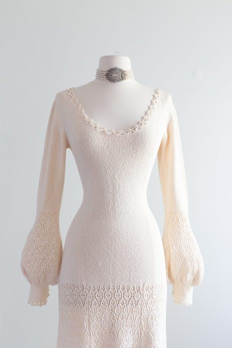 1970's Ivory Knit Wedding Dress With Crochet Trim and Bishop Sleeves / ML