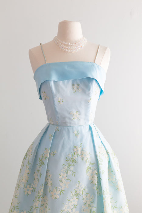 Vintage 1960's Light Blue Flocked Party Dress / Small