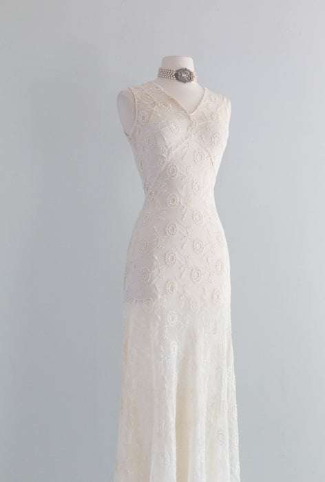 Exquisite 1930's Embroidered Net Wedding Dress / Small