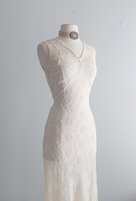 Exquisite 1930's Embroidered Net Wedding Dress / Small