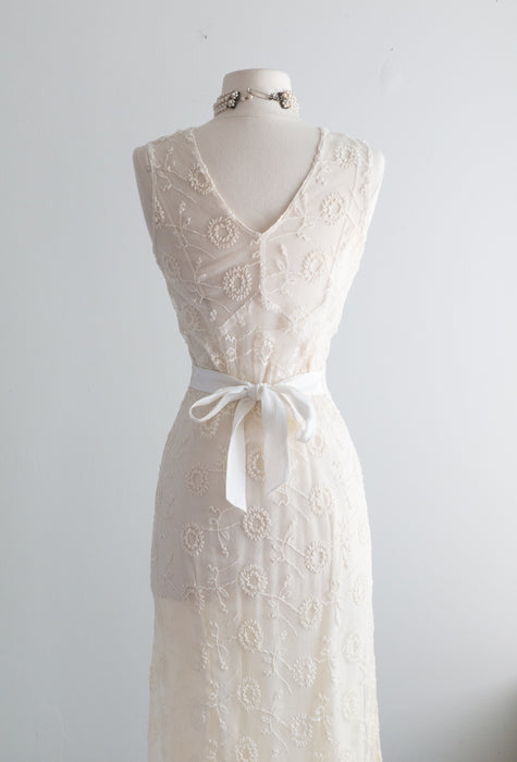 Exquisite 1930's Embroidered Net Wedding Dress / Small