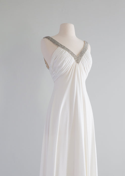 Ethereal 1970's White Wedding Dress With Rhinestone Pearl Neckline & Cape / XS