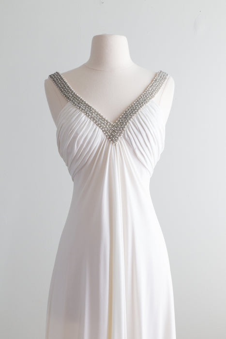 Ethereal 1970's White Wedding Dress With Rhinestone Pearl Neckline & Cape / XS