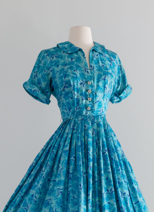 Stunning 1950's Mollie Parnis Silk Party Dress in Turquoise / Waist 26