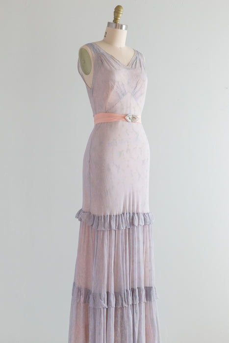 Vintage 1930's Silk Chiffon Bias Cut Gown With Dreamy Floral Motif / Small