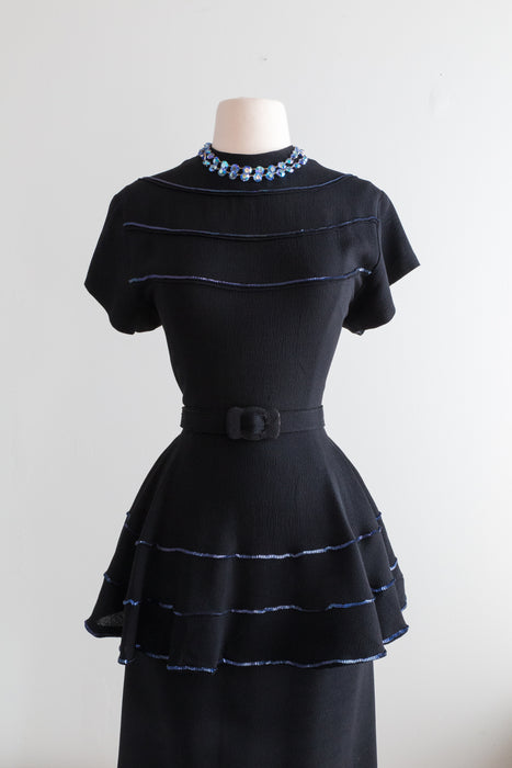 Elegant 1940's Black Crepe Cocktail Dress With Electric Blue Sequins / Medium