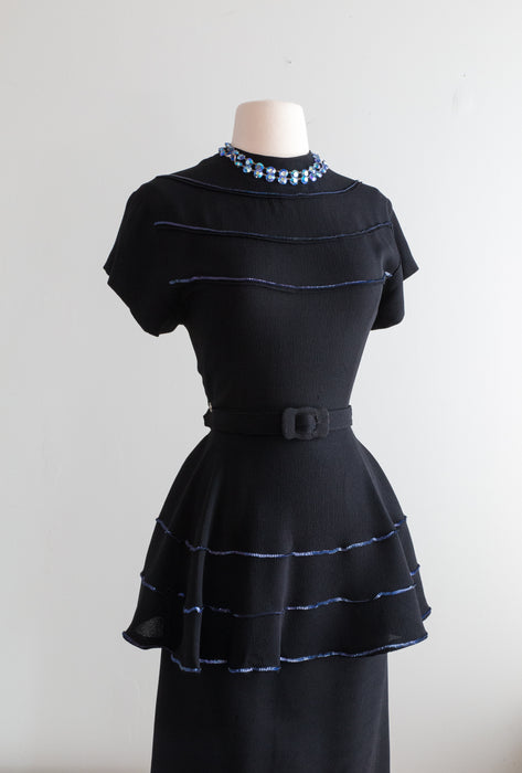 Elegant 1940's Black Crepe Cocktail Dress With Electric Blue Sequins / Medium