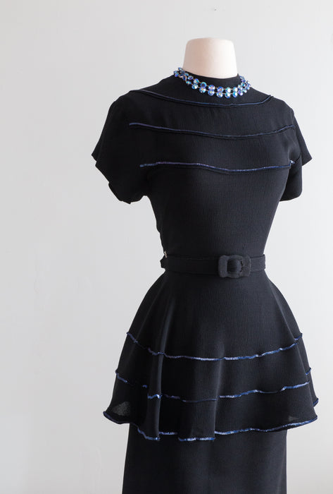 Elegant 1940's Black Crepe Cocktail Dress With Electric Blue Sequins / Medium