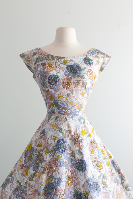 1950's Late Summer Floral Dress With Sequins / Medium