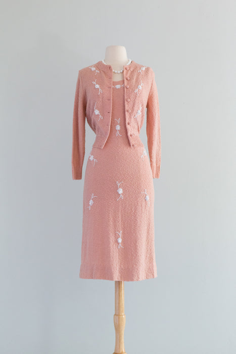 Sexy 1950's Blush Knit Beaded Wiggle Dress & Matching Cardigan / Medium