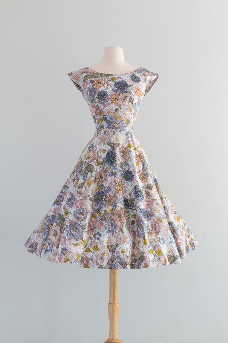 1950's Late Summer Floral Dress With Sequins / Medium