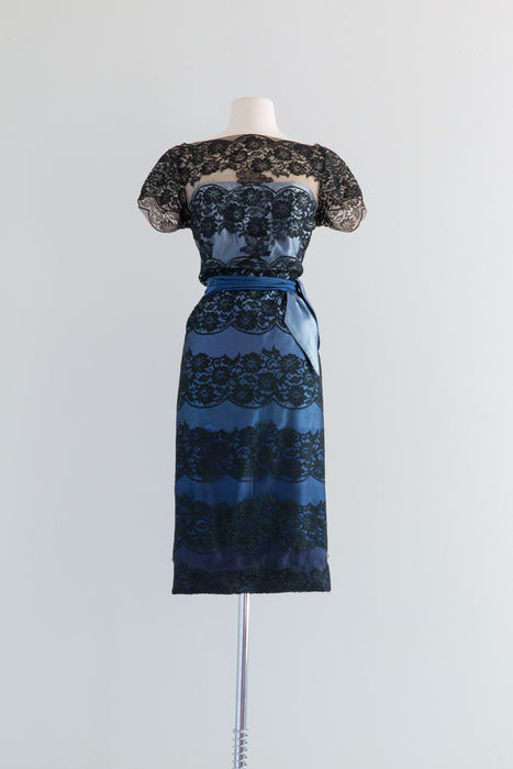 Gorgeous 1950's Blue Silk Ombre Cocktail Dress With Black Lace From Saks / Waist 30