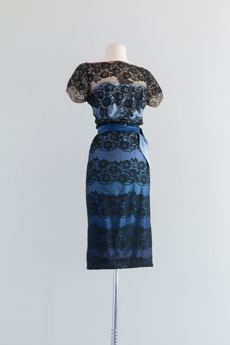 Gorgeous 1950's Blue Silk Ombre Cocktail Dress With Black Lace From Saks / Waist 30