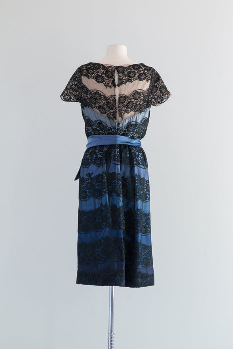 Gorgeous 1950's Blue Silk Ombre Cocktail Dress With Black Lace From Saks / Waist 30