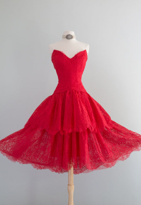 Fabulous Vintage Victor Costa Red Lace Party Dress / Medium