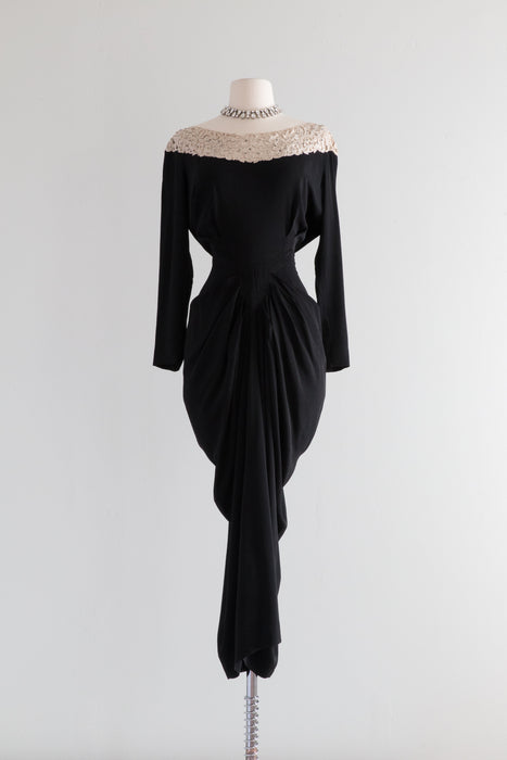 Devastatingly Sexy 1940's Black Rayon Crepe & Lace Cocktail Dress / M