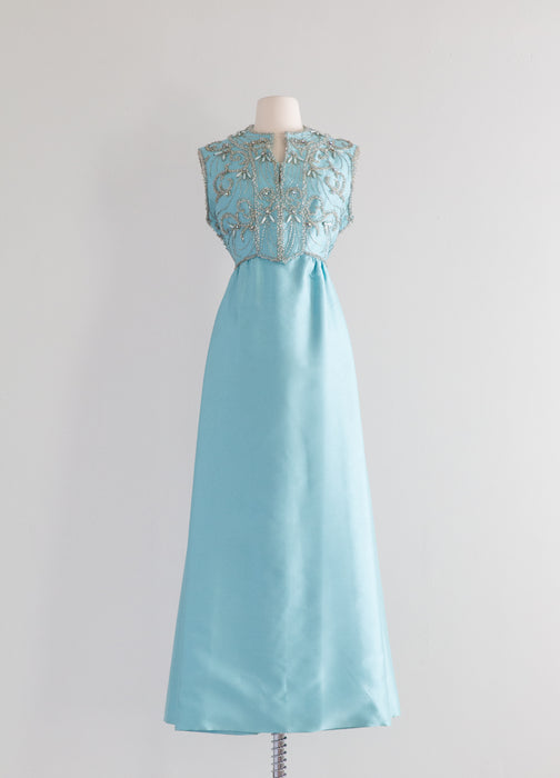 1960's Tiffany Blue Shantung Silk Beaded Evening Gown / ML