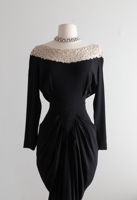 Devastatingly Sexy 1940's Black Rayon Crepe & Lace Cocktail Dress / M