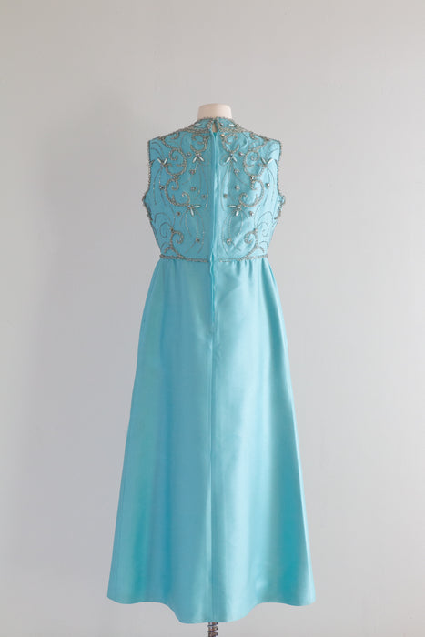 1960's Tiffany Blue Shantung Silk Beaded Evening Gown / ML