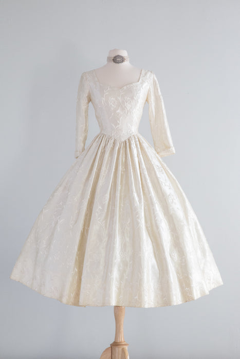 1950's Embroidered Slipper Satin Princess Wedding Dress / Small