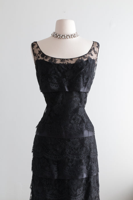Divine 1950's Tiered Black Lace Cocktail Dress from Saks / ML