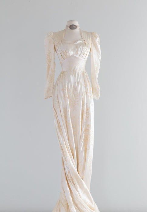 1940's Floral Flocked Slipper Satin Princess Wedding Gown / Medium