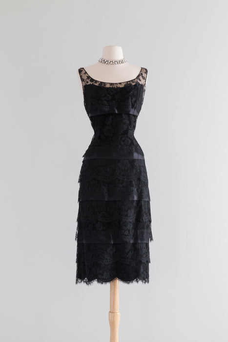 Divine 1950's Tiered Black Lace Cocktail Dress from Saks / ML