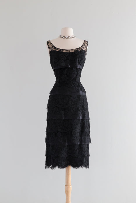 Divine 1950's Tiered Black Lace Cocktail Dress from Saks / ML