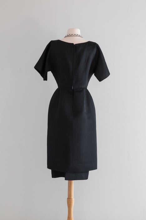 Elegant 1950's Black Silk Cocktail Dress by Mancini / Waist 27"