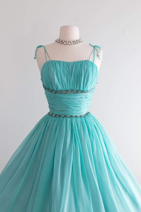 1950's Aqua Chiffon Dream Dress by Emma Domb / Waist 26"