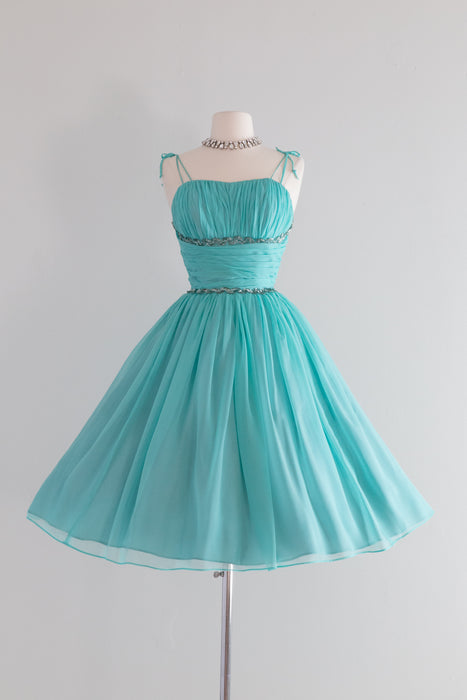 1950's Aqua Chiffon Dream Dress by Emma Domb / Waist 26"