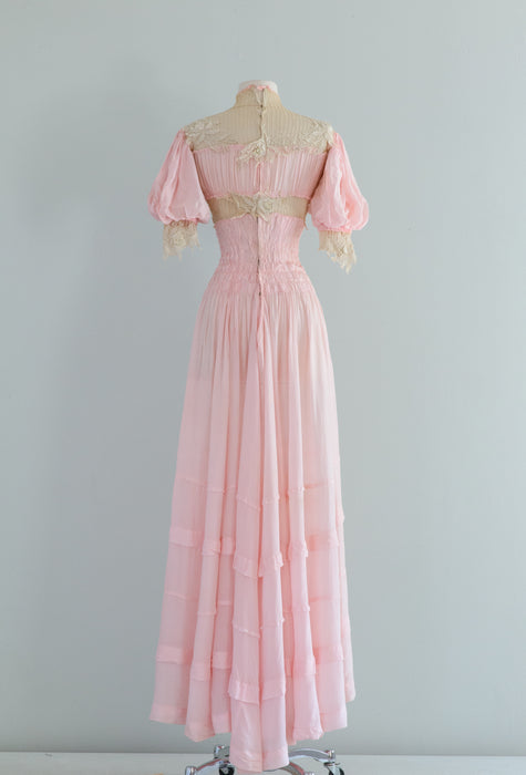 Exquisite Edwardian Era Petal Pink Silk Formal Gown With Brussels Pointe de Gaze Lace / XS