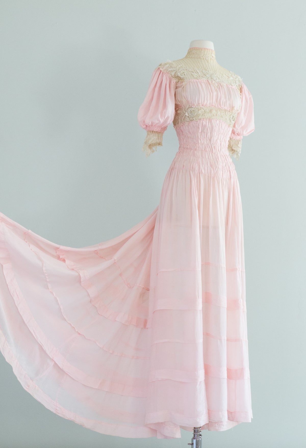 pink edwardian dress Pink Handmade Rhinestone Lace-up Belt Edwardian Revival Dress, Pink / S