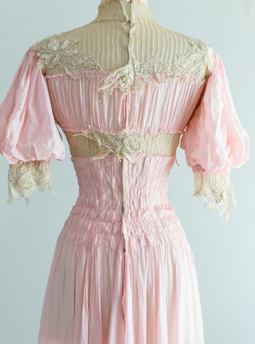 Exquisite Edwardian Era Petal Pink Silk Formal Gown With Brussels Pointe de Gaze Lace / XS