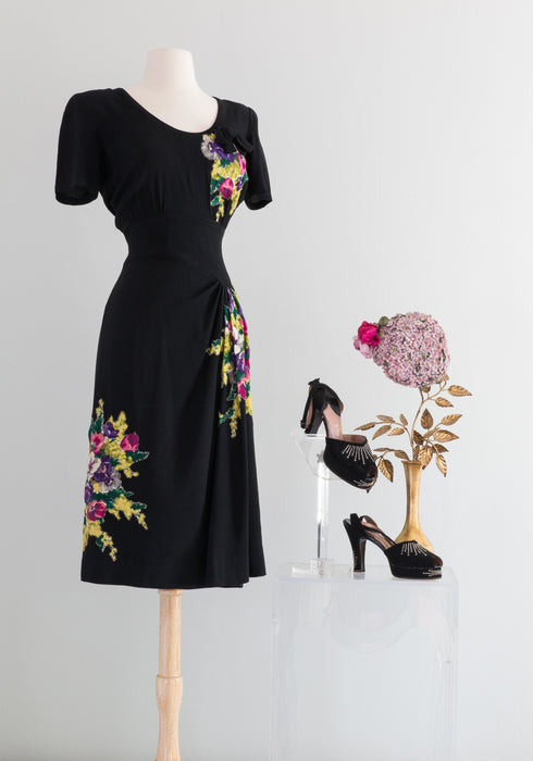 1940's Black Rayon Crepe Dress With Floral Appliqué / Small
