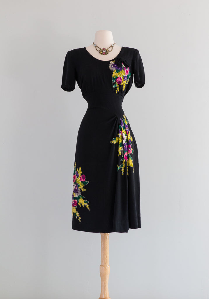 1940's Black Rayon Crepe Dress With Floral Appliqu / Small  Xtabay Vintage
