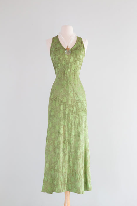 RARE 1930's Green and Gold Lame’ Backless Bias Cut Evening Gown / SM