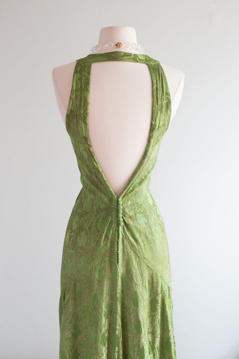 RARE 1930's Green and Gold Lame’ Backless Bias Cut Evening Gown / SM