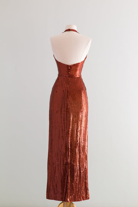 Fabulous 1970s HOT LAVA Copper Sequined Halter Gown By Lillie Ruben / Small